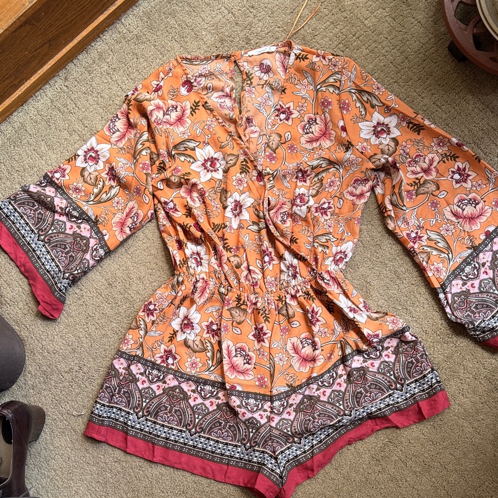 Timing Orange Floral Boho Romper with Pink Accents
